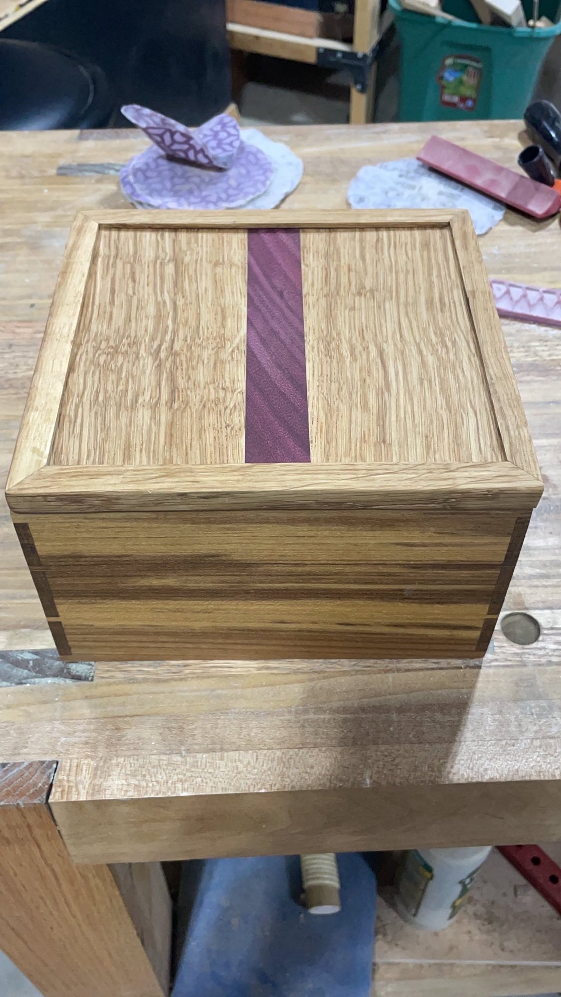 Front view of the closed box on the bench: teak front, oak lid with a purpleheart stripe.