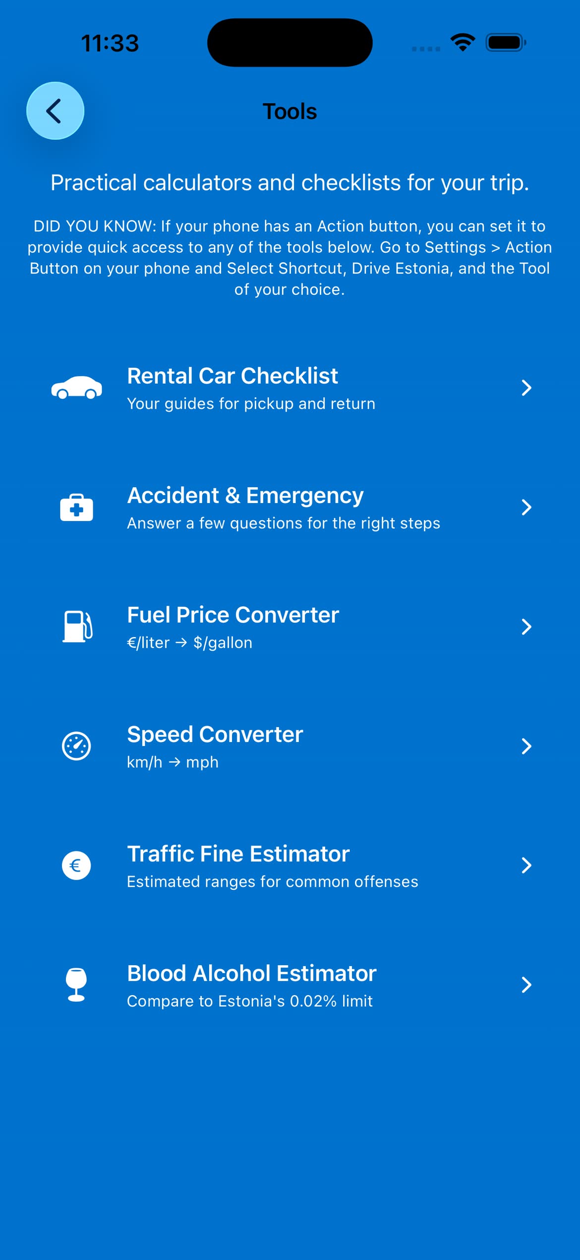 Drive Estonia tools screen with checklist, converter, fine, and blood alcohol options.